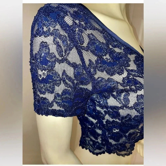 VINTAGE ROBERTA EINER ROYAL BLUE SHEER SPARKLING LACE CROP WITH BUTTONS SIZE M - Picture 8 of 16